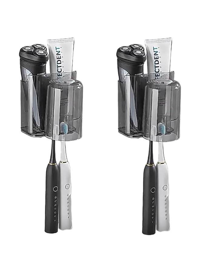 HOOKOR 2Pcs Toothbrush Holder, Toothbrush Holder with Cup, Couple Toothbrush Holder, Wall Mounted Bathroom Shelf, Toothpaste Holder Stand, Mouthwash Cup Storage Rack (Grey)  - Image 1