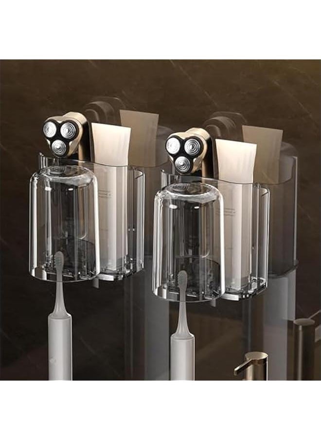 HOOKOR 2Pcs Toothbrush Holder, Toothbrush Holder with Cup, Couple Toothbrush Holder, Wall Mounted Bathroom Shelf, Toothpaste Holder Stand, Mouthwash Cup Storage Rack (Grey)  - Image 2