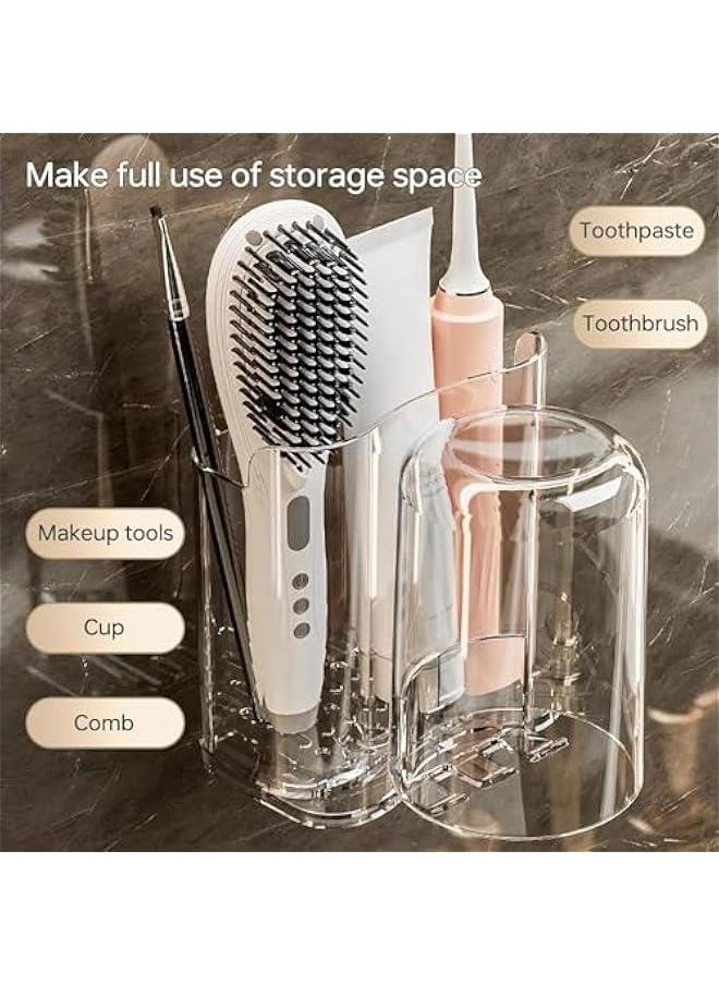 HOOKOR 2Pcs Toothbrush Holder, Toothbrush Holder with Cup, Couple Toothbrush Holder, Wall Mounted Bathroom Shelf, Toothpaste Holder Stand, Mouthwash Cup Storage Rack (Grey)  - Image 5