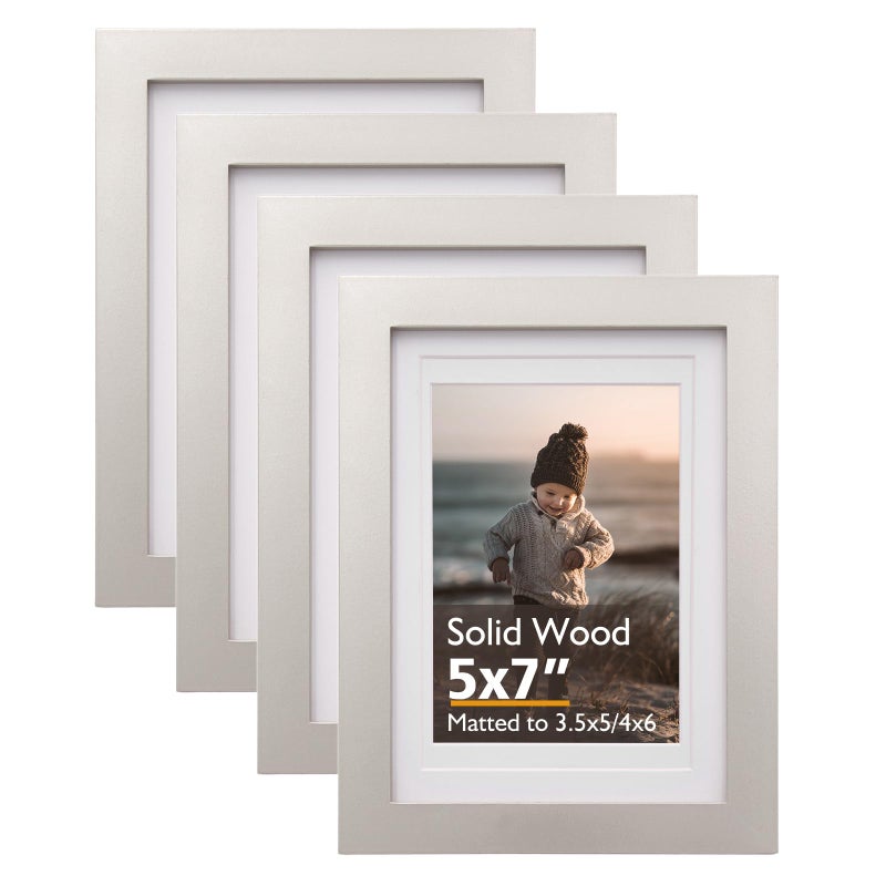 KINLINK 5x7 Picture Frame Light Grey Solid Wood Frames with Acrylic Plexiglass for Pictures 4x6 with Mat or 5x7 without MatTabletop and Wall Display Photo Frame Set of 4