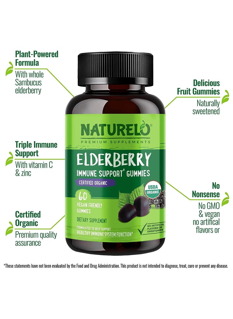 NATURELO - Elderberry Immune Support Gummies Certifien Organic to Support Healthy Immune System Function Dietary Supplement 60 Vegan Friendly Gummies - Image 1
