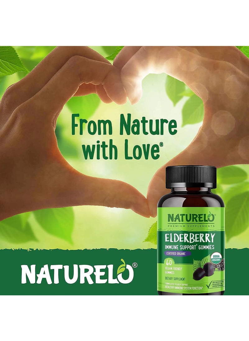NATURELO - Elderberry Immune Support Gummies Certifien Organic to Support Healthy Immune System Function Dietary Supplement 60 Vegan Friendly Gummies - Image 1