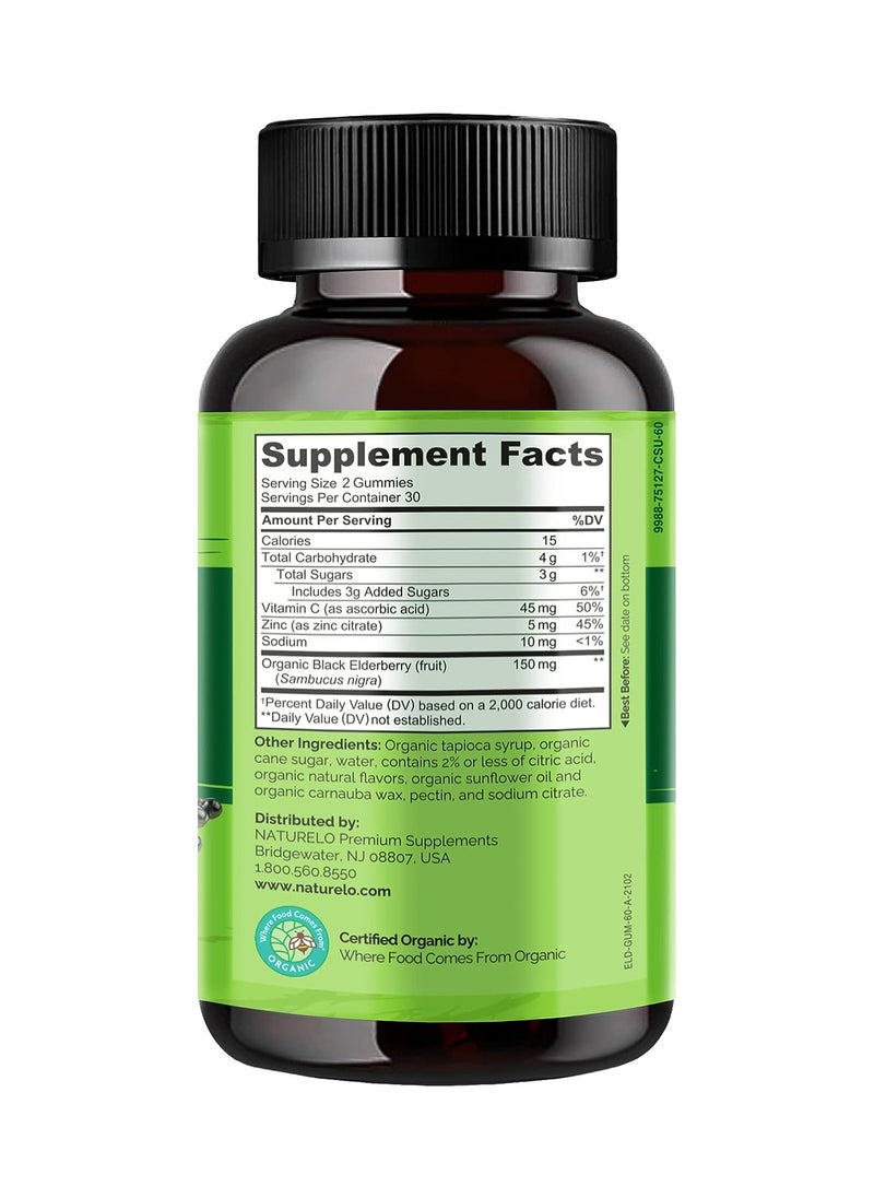 NATURELO - Elderberry Immune Support Gummies Certifien Organic to Support Healthy Immune System Function Dietary Supplement 60 Vegan Friendly Gummies - Image 1