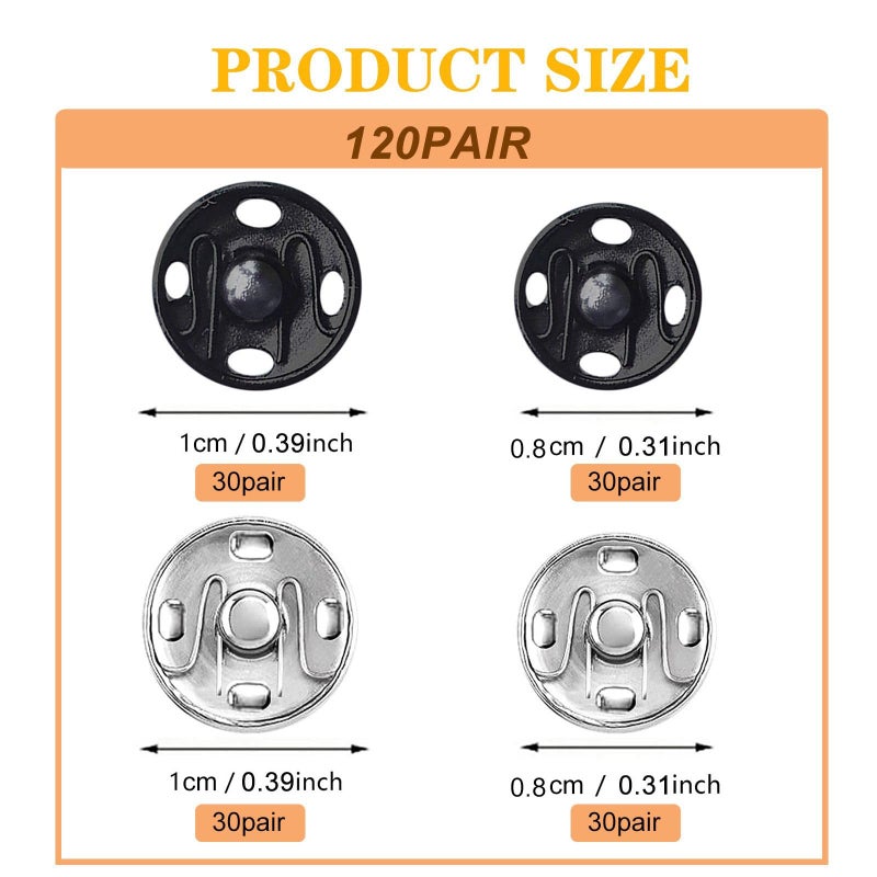 Willrain Sewing Snaps,120 Sets 8 mm and 10 mm,Black and Silver, Sew-on Snap Buttons Metal Snaps Fasteners Press Studs Buttons for Sewing - Image 5