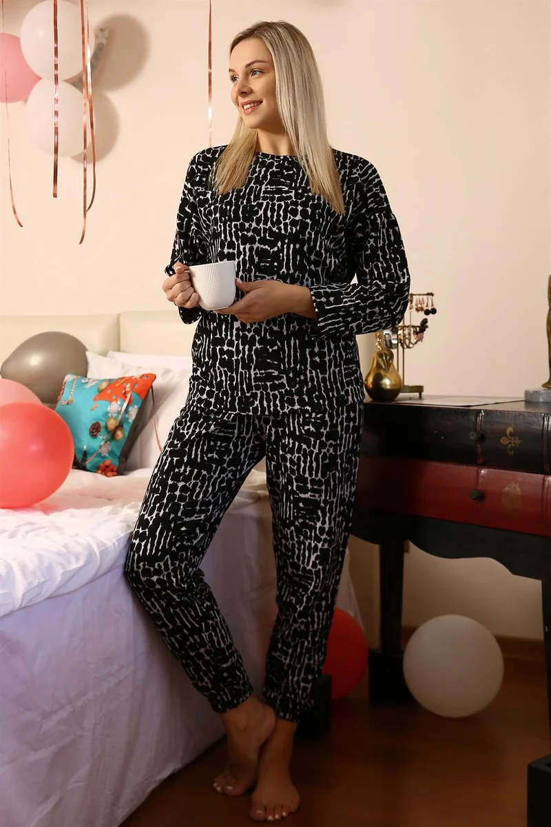Akbeniz Women's Long Sleeve 3 Yarn Combed Cotton Pajama Set 4180