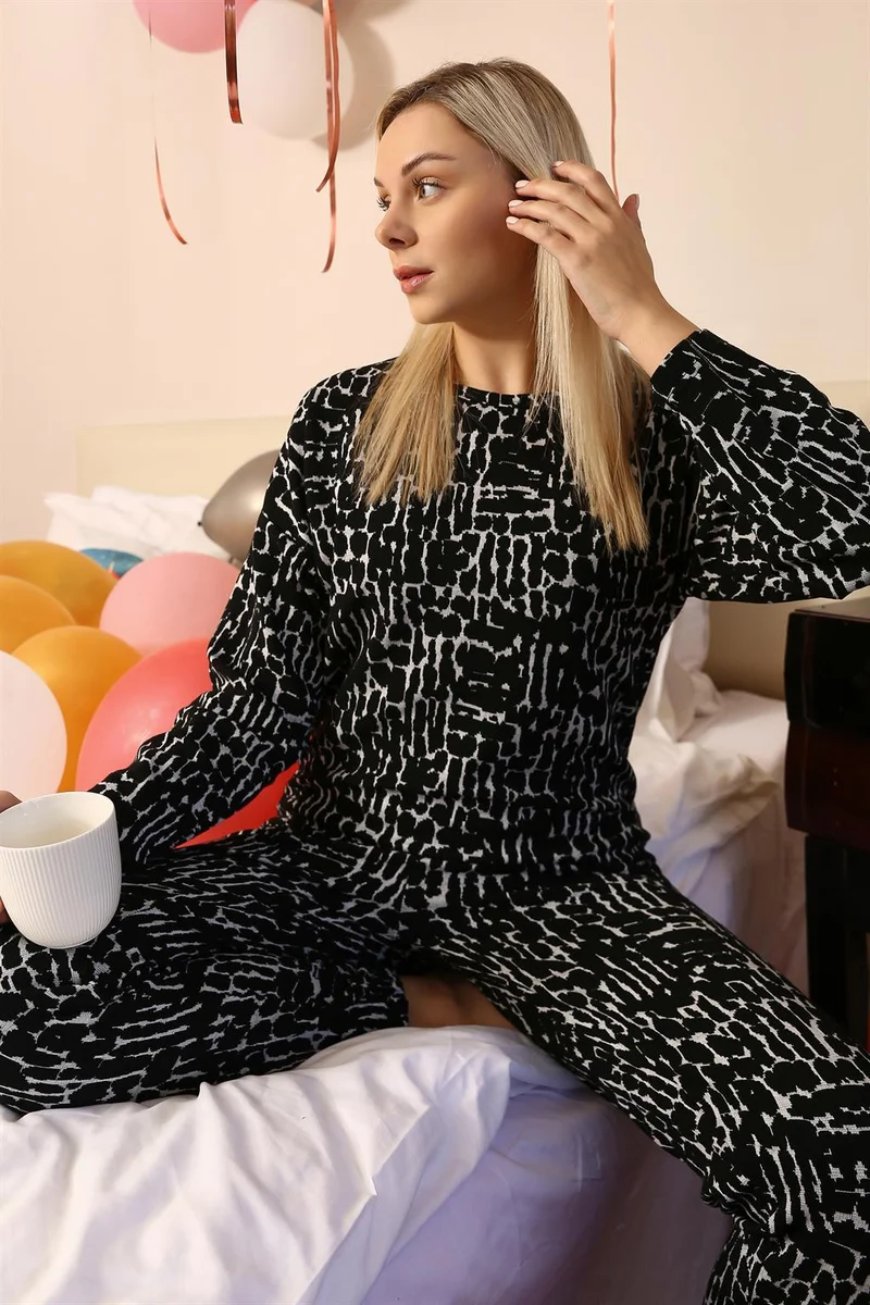 Akbeniz Women's Long Sleeve 3 Yarn Combed Cotton Pajama Set 4180