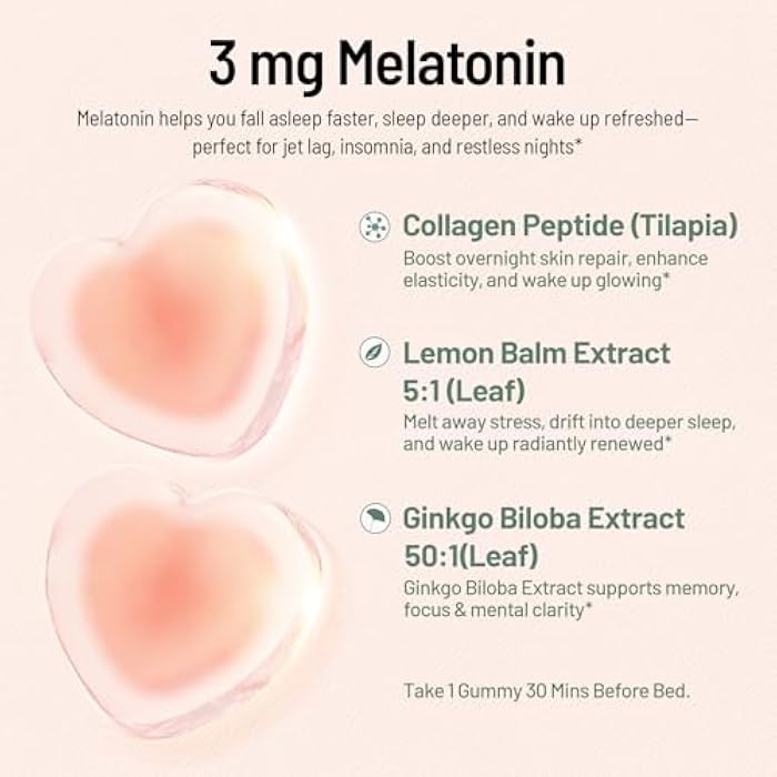 NaturElan Melatonin Gummies with Ginkgo Biloba Extract, Lemon Balm Extract & Collagen Peptide, 3mg Melatonin, Drug Free Sleep Aid, Strawberry Flavored, 60 Count, Sleep Support Gummies for Restful Sleep - Image 3