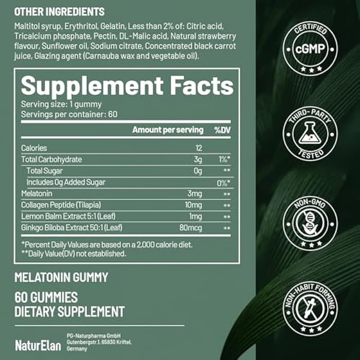 NaturElan Melatonin Gummies with Ginkgo Biloba Extract, Lemon Balm Extract & Collagen Peptide, 3mg Melatonin, Drug Free Sleep Aid, Strawberry Flavored, 60 Count, Sleep Support Gummies for Restful Sleep - Image 4