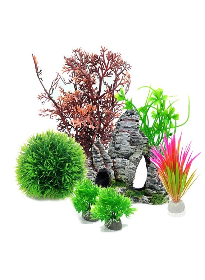 وهاواي Aquarium Fish Tank Plastic Plants and Cave Rock Decorations Set 7 PCS, Small and Large Artificial Fish Tank Plants with Cave Rock Fish Tank Accessories Style B - Image 1