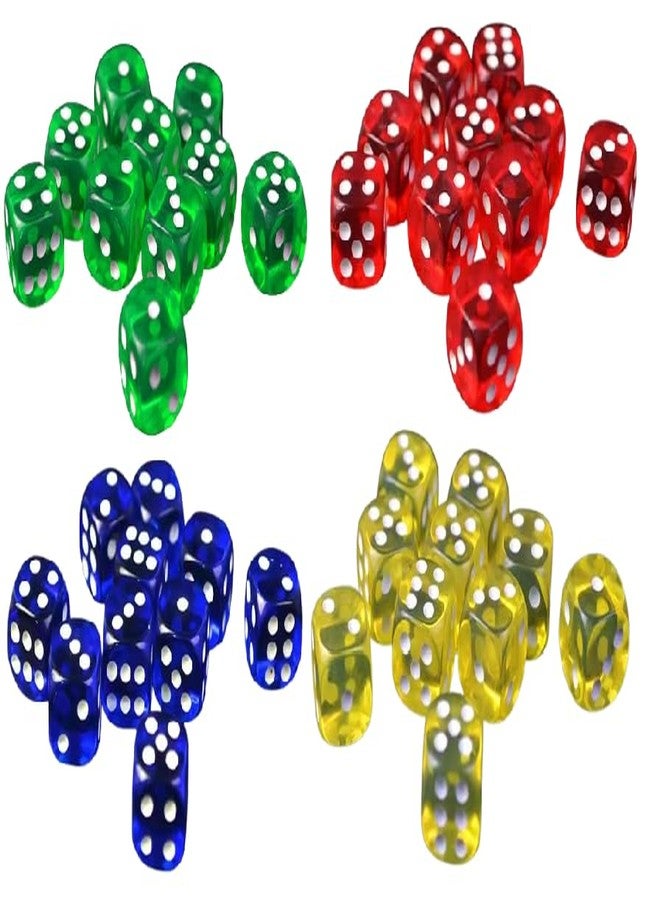 SANKET Six Sided 16mm Transparent Multicolour Red, Yellow, Green & Blue Dice for Indoor Games, Math Teaching (4 Colour Combo Dice Set) Pack of 60pcs - Image 1