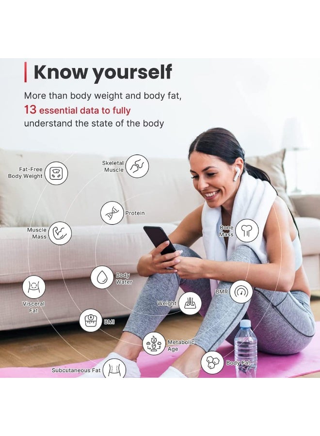 ميزان رقمي لقياس وزن الجسم مع مؤشر كتلة الجسم وكتلة العضلات | ميزان ذكي بتقنية البلوتوث لقياس تكوين الجسم، والدهون، والماء، والعظام، وغيرها | جهاز تتبع اللياقة البدنية للاستخدام المنزلي - Image 4
