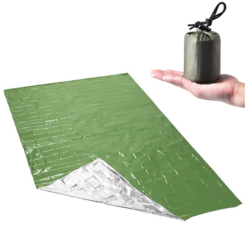 Sleeping Bag: 3.5 Oz Lightweight Aluminized PE Heat Retention Emergency Blanket - Compact Storage Highly Visible Army Green for Outdoor Camping Hiking Backpacking Survival - Image 1