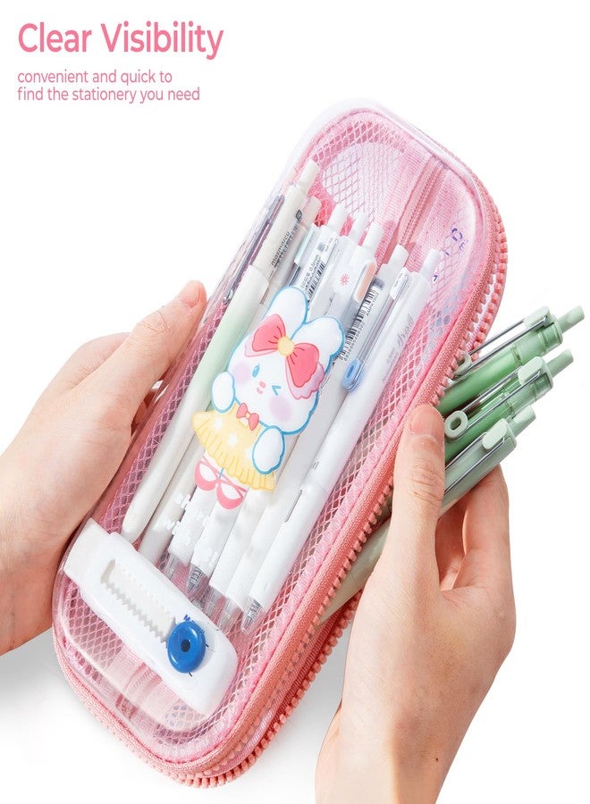 M&G Pencil Case, Large Capacity Pencil Pouch Multi-Slot Pencil Case Organizer, Cute Portable Pencil Bag Transparent Stationary with Zipper for Makeup Brush Teen Boys Girls Office Students(Pink) - Image 2