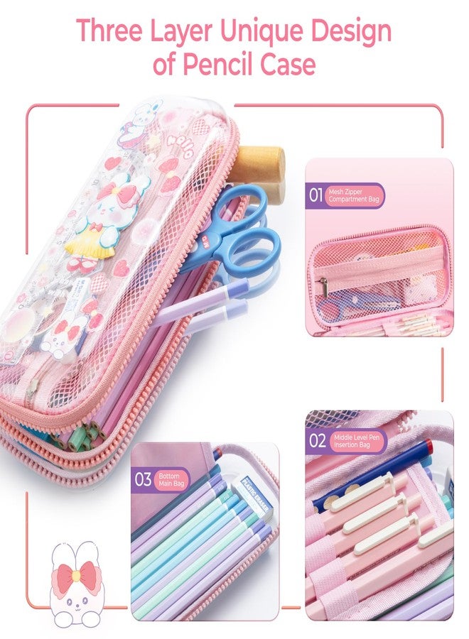 M&G Pencil Case, Large Capacity Pencil Pouch Multi-Slot Pencil Case Organizer, Cute Portable Pencil Bag Transparent Stationary with Zipper for Makeup Brush Teen Boys Girls Office Students(Pink) - Image 4