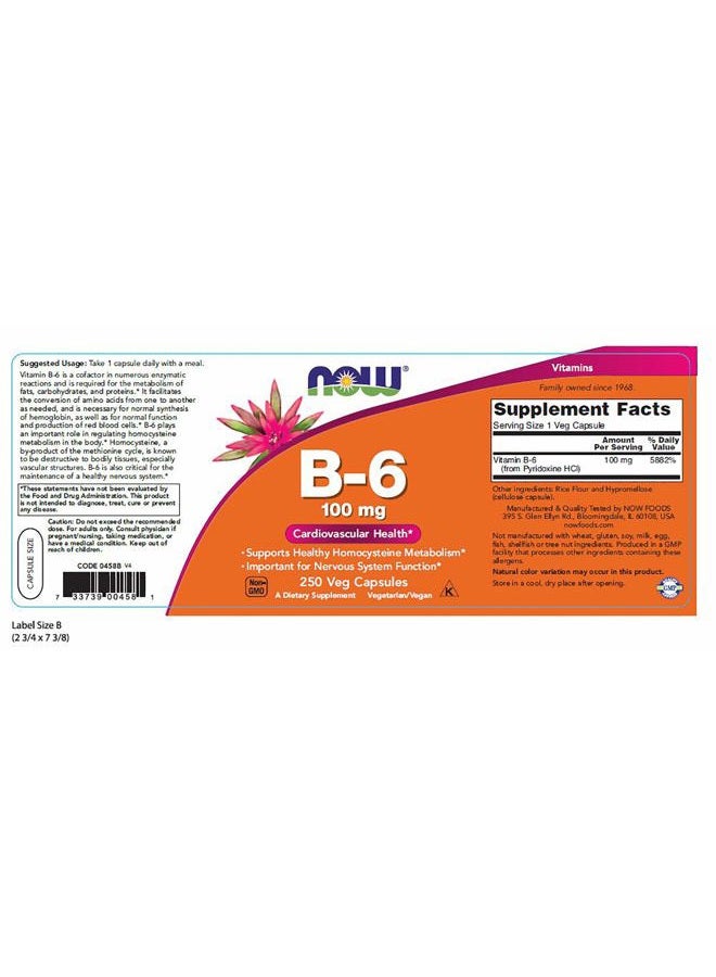 NOW Vitamin B-6 100mg,250 Capsules (Pack of 2) - Image 2