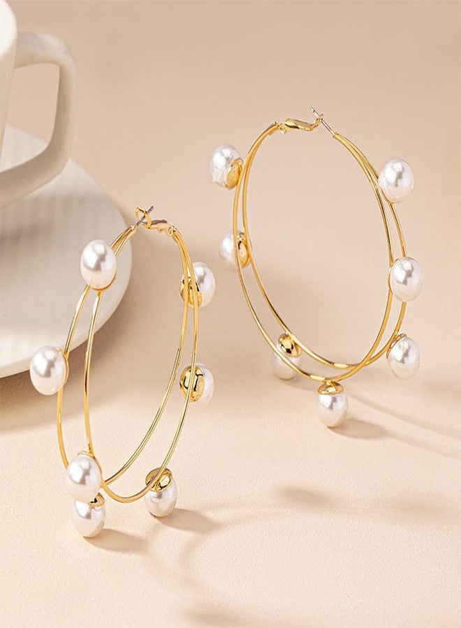 YERTTER Gold Pearl Hoop Earrings Boho Huge Dangle Double Circle Pearl Earring Exaggerate Geometric Statement Earrings for Women - Image 5