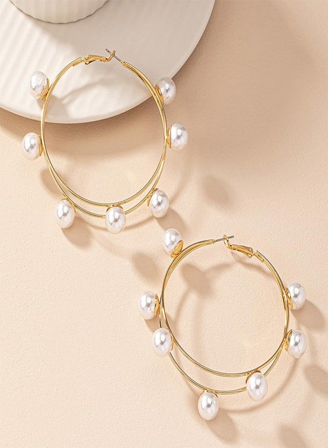YERTTER Gold Pearl Hoop Earrings Boho Huge Dangle Double Circle Pearl Earring Exaggerate Geometric Statement Earrings for Women - Image 3