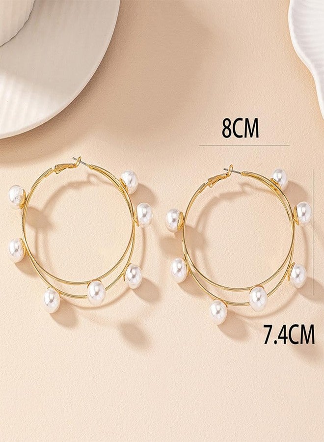 YERTTER Gold Pearl Hoop Earrings Boho Huge Dangle Double Circle Pearl Earring Exaggerate Geometric Statement Earrings for Women - Image 4