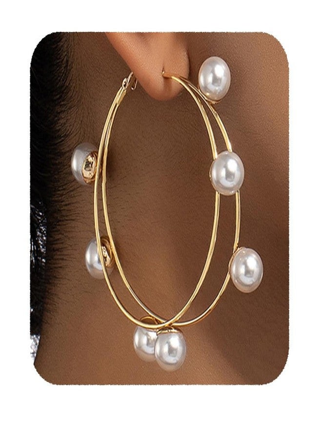YERTTER Gold Pearl Hoop Earrings Boho Huge Dangle Double Circle Pearl Earring Exaggerate Geometric Statement Earrings for Women - Image 1