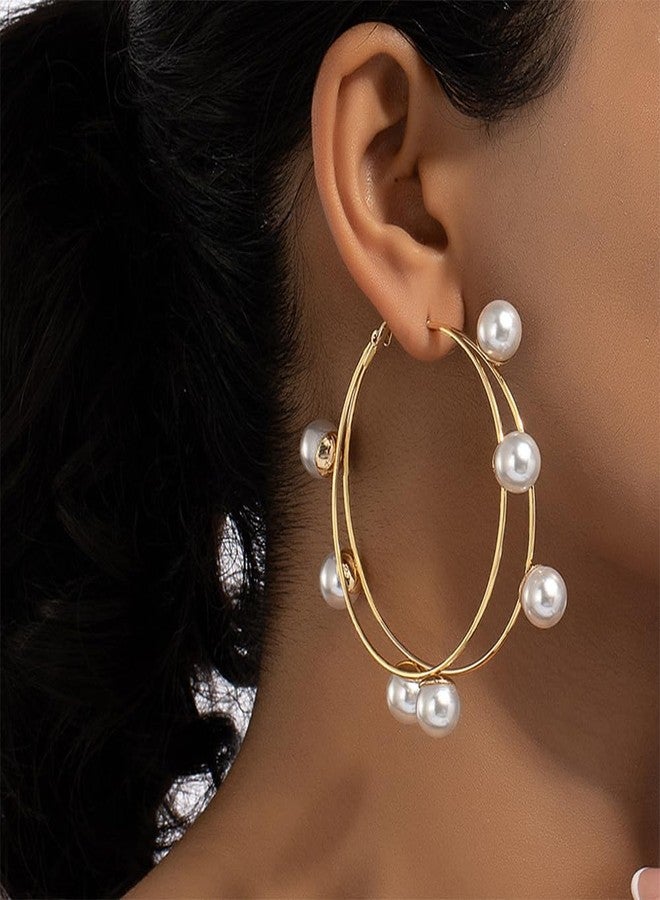 YERTTER Gold Pearl Hoop Earrings Boho Huge Dangle Double Circle Pearl Earring Exaggerate Geometric Statement Earrings for Women - Image 2