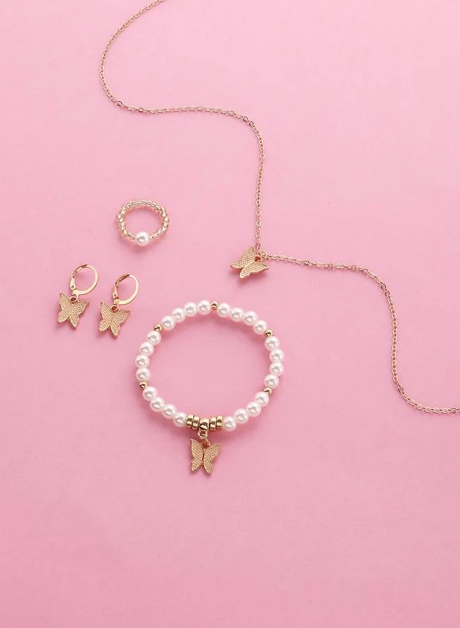 Girls Gold Tone Butterfly Charm Necklace, Pearl Bracelet, Earrings and Ring Set