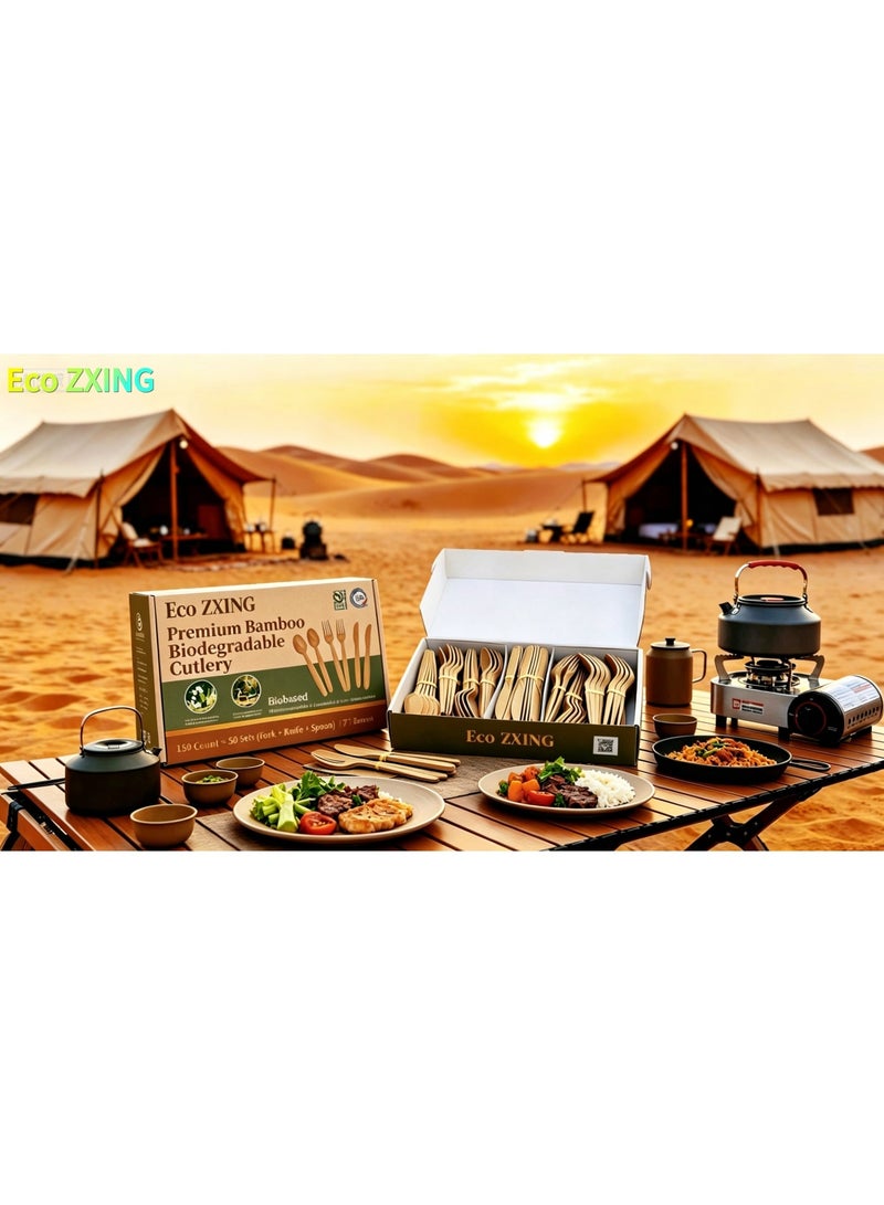 Eco ZXING Cutlery Gift Premium Eco-Friendly Luxury Biodegradable Bamboo Party Tableware Set 150 Count 7 Inch Disposable Knives, Forks, Spoons (Brown, Food Grade Bamboo Fiber, Plastic Free, Non - Toxic, 100% Biodegradable & Compostable) for Wedding, Birthday, Picnic & All Event Celebrations, Gift - Image 4