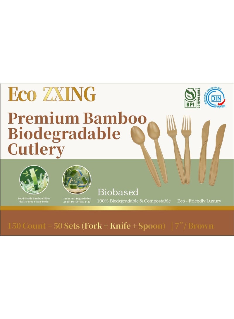 Eco ZXING Cutlery Gift Premium Eco-Friendly Luxury Biodegradable Bamboo Party Tableware Set 150 Count 7 Inch Disposable Knives, Forks, Spoons (Brown, Food Grade Bamboo Fiber, Plastic Free, Non - Toxic, 100% Biodegradable & Compostable) for Wedding, Birthday, Picnic & All Event Celebrations, Gift - Image 2