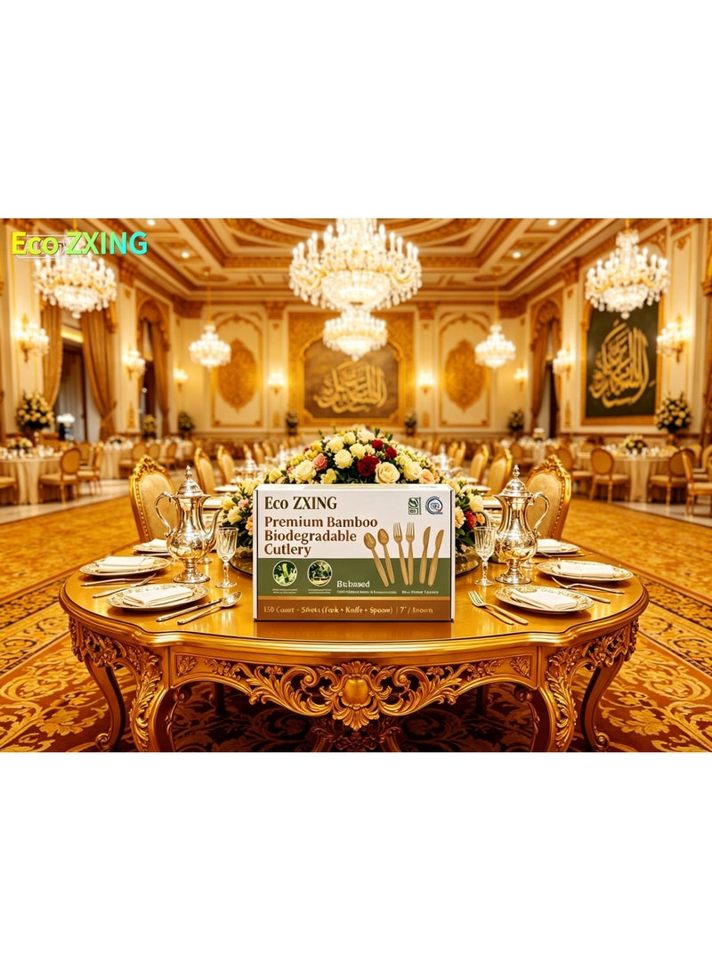 Eco ZXING Cutlery Gift Premium Eco-Friendly Luxury Biodegradable Bamboo Party Tableware Set 150 Count 7 Inch Disposable Knives, Forks, Spoons (Brown, Food Grade Bamboo Fiber, Plastic Free, Non - Toxic, 100% Biodegradable & Compostable) for Wedding, Birthday, Picnic & All Event Celebrations, Gift - Image 5