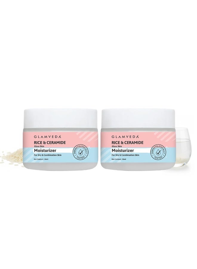 Glamveda Rice & Ceramide Face Moisturizer Cream For Dry Skin | Skin Barrier Building & Nourishing | Fine Lines Wrinkles, Age Spots & Hyperpigmentation | 50ml (Pack Of 2) - Image 1