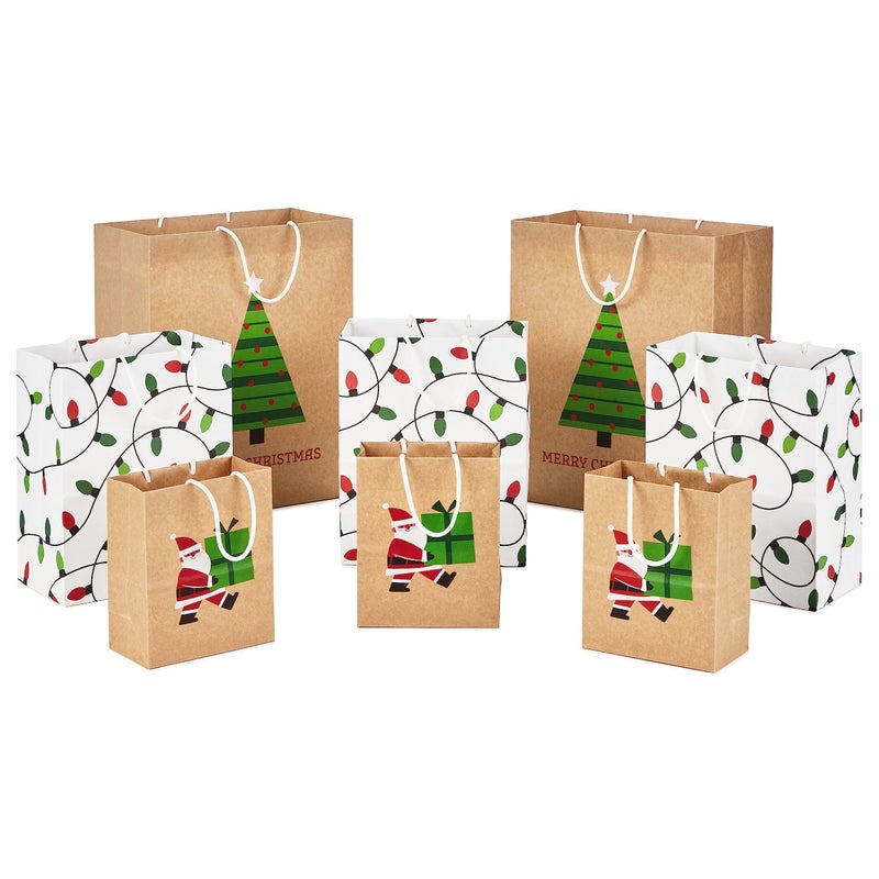 Hallmark Christmas Gift Bags for Kids 8 Bags 3 Small 6 3 Medium 9 2 Large 13 Recyclable Kraft with Santa Lights and Tree