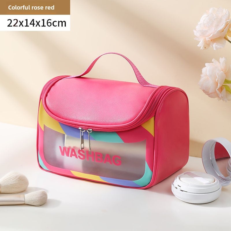 PU Waterproof Flip Cover Cosmetic Bag Colorful Large Capacity Portable Toiletry Bag High-value Multi-function Travel Storage Bag colorful rose red