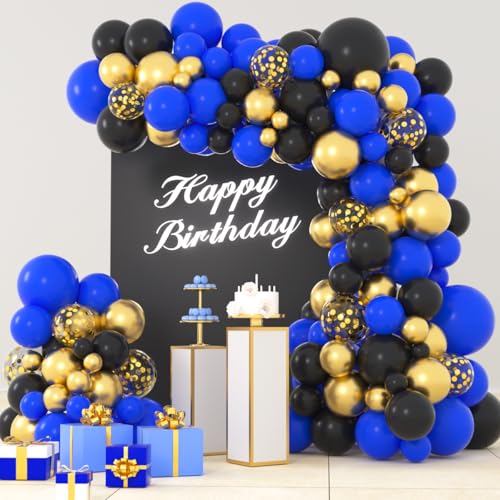 LUDEOU Royal Blue Black Gold Balloon Garland Arch Kit Blue and Black Balloons Metallic Gold Balloons Video Game Balloons for Men Video Game Birthday Retirement Graduation Party Decorations - Image 1