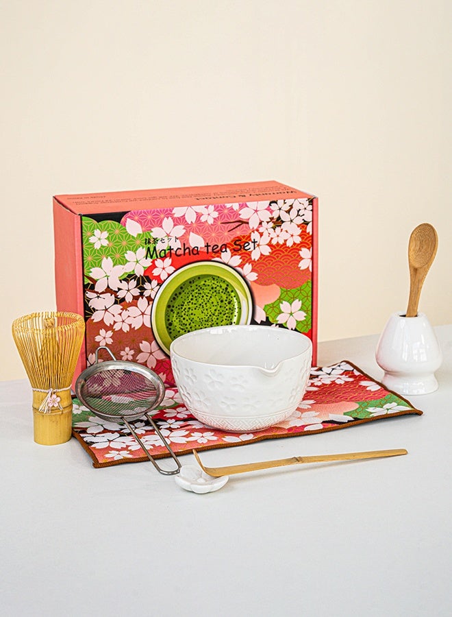 فلاي رود طقم شاي ماتشا مكون من 8 قطع - طقم شاي مع وعاء زهور الكرز، خفاقة من الخيزران، مغارف خشبية، قماش شاي، وغطاء زهور - علبة هدايا وردية اللون (أبيض) - Image 1