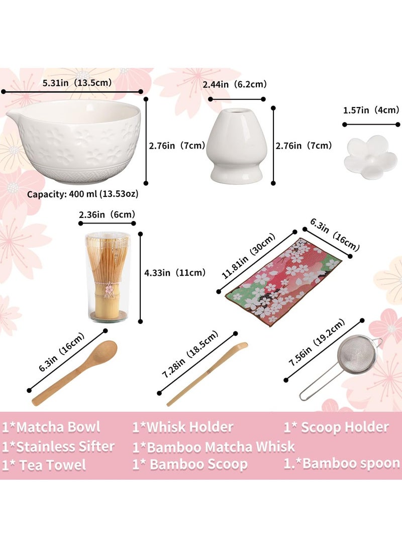 فلاي رود طقم شاي ماتشا مكون من 8 قطع - طقم شاي مع وعاء زهور الكرز، خفاقة من الخيزران، مغارف خشبية، قماش شاي، وغطاء زهور - علبة هدايا وردية اللون (أبيض) - Image 2