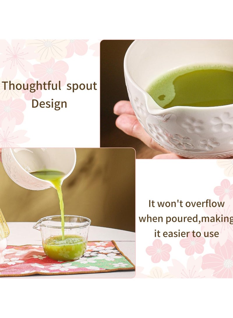 فلاي رود طقم شاي ماتشا مكون من 8 قطع - طقم شاي مع وعاء زهور الكرز، خفاقة من الخيزران، مغارف خشبية، قماش شاي، وغطاء زهور - علبة هدايا وردية اللون (أبيض) - Image 3