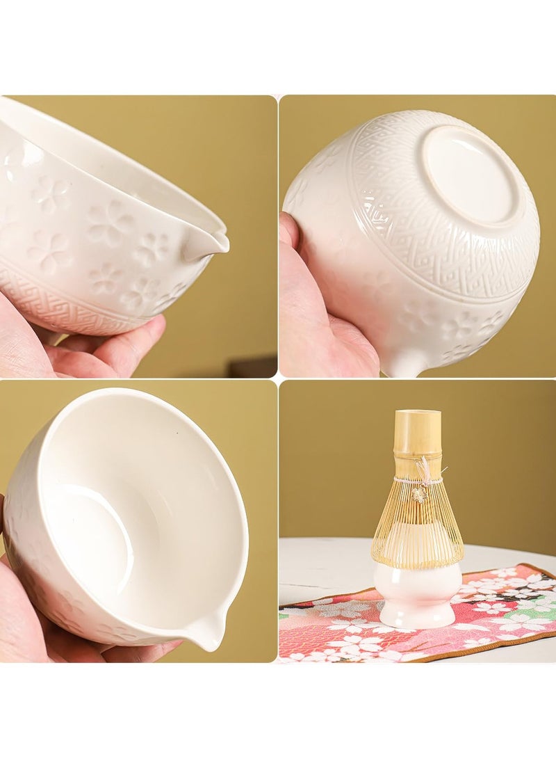 فلاي رود طقم شاي ماتشا مكون من 8 قطع - طقم شاي مع وعاء زهور الكرز، خفاقة من الخيزران، مغارف خشبية، قماش شاي، وغطاء زهور - علبة هدايا وردية اللون (أبيض) - Image 5