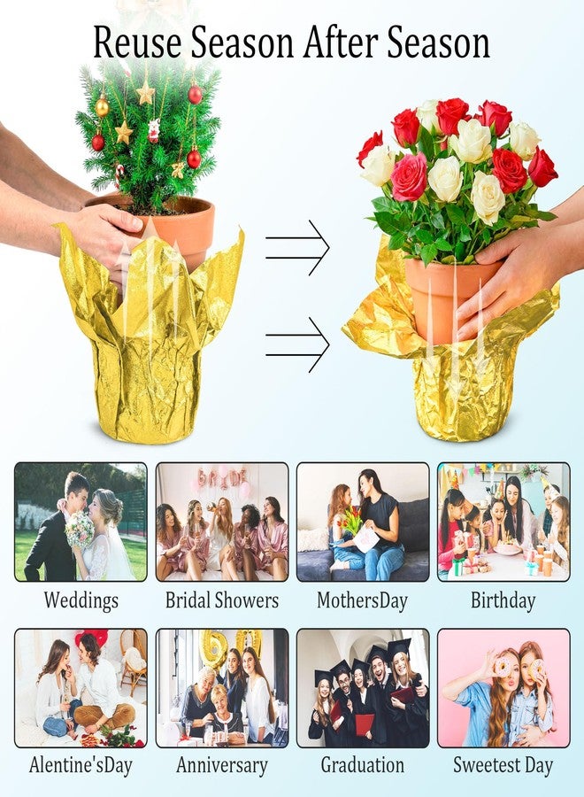 UCandy 2 Roll 5.5 Yard Plant Pot Floral Foil, Matte Texture Floral Foil Festival Plant Pot Covers, Golden Florals Foils Wrapping Paper for Home Garden Pots Vases DIY Decoration (Total 11 yard) - Image 3