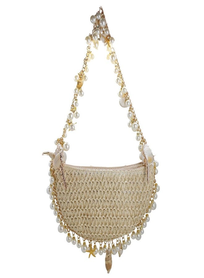 DEBIMY Women Pearl Straw Clutch Purse Woven Summer Beach Evening Bag Wedding Party Straw Shoulder Handbag Beige - Image 1