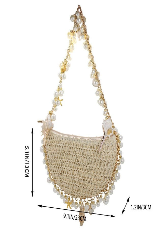 DEBIMY Women Pearl Straw Clutch Purse Woven Summer Beach Evening Bag Wedding Party Straw Shoulder Handbag Beige - Image 5