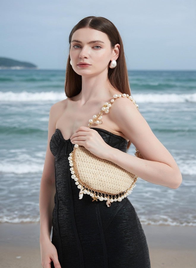 DEBIMY Women Pearl Straw Clutch Purse Woven Summer Beach Evening Bag Wedding Party Straw Shoulder Handbag Beige - Image 4