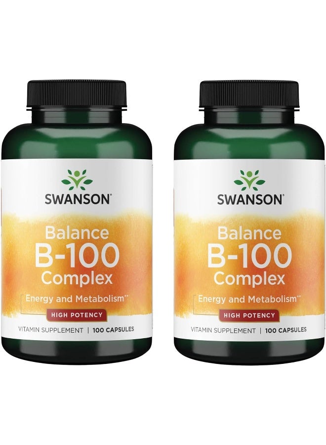 Swanson Vitamin B-100 - Vitamin Supplement Promoting Energy & Metabolism Support - High Potency Formula Supporting Heart Health, Brain Health & Nervous Function - (100 Capsules) (2 Pack)