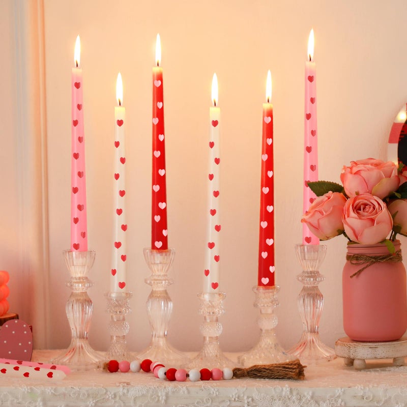 Conelist 6 Pcs Heart Taper Candles 10 Inch Pink Red White Valentine's Day Taper Candles Dinner Candles, Unscented Taper Candlesticks Ideal Valentines Day Gift - Image 1