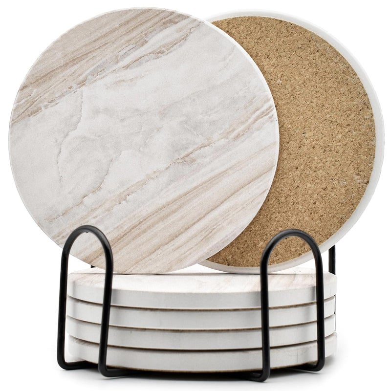 Hoewina 6Pcs Drink Coasters with Holder, Marble Style Ceramic Drink Coaster, Absorbent Coasters Set Suitable for Kinds of Cups, Modern Style Coaster for Coffee Table, 4 Inches - Image 1