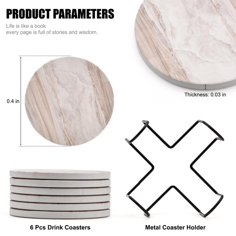 Hoewina 6Pcs Drink Coasters with Holder, Marble Style Ceramic Drink Coaster, Absorbent Coasters Set Suitable for Kinds of Cups, Modern Style Coaster for Coffee Table, 4 Inches - Image 2