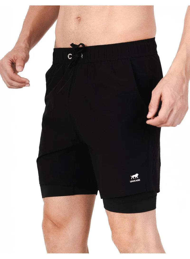 انكسيخ UNXAGE Dual-Layer Training Shorts for Men - 2-in-1 Quick Dry Compression Liner Gym Shorts | Nylon Spandex Running Workout Shorts with Pockets | Blackout