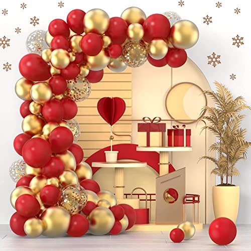 Lazybeee Red Gold Confetti Balloons Garland Arch Kit, 120 PCS 12in 10in 5in Latex Metallic Gold Red Confetti Balloons for Birthday Wedding, Anniversary, Celebrations, Valentine's Day Party Decoratio - Image 1