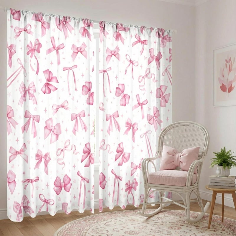SmoothNovelty ستائر SmoothNovelty مكونة من قطعتين مزينة بفيونكة وردية اللون لغرفة المعيشة، ستائر وردية اللون مزينة بفيونكة، ستائر نوافذ للبنات، ديكور غرفة نوم، ديكور حفلات، 52 × 84 بوصة - Image 1