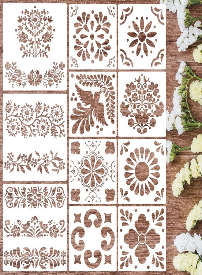 zosylley Talavera Stencil Reusable Tile Stencil Floral Folk Mexican Stencils for Painting on Wall Floor Furniture Wood Home Decor - Image 1