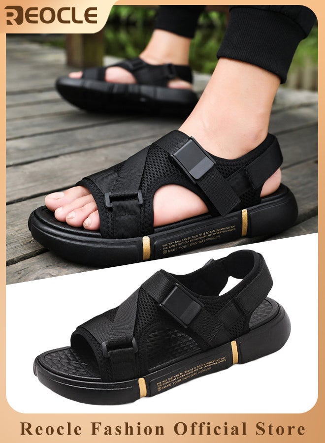 REOCLE Men's Sandals with Thick Sole & Breathable Mesh & Velcro Tape Stretch Fabric Outdoor Lightweight Beach Shoes Casual Slippers Summer Sandals  - Image 1