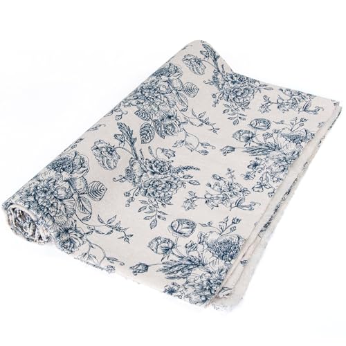 LOVOUS Linen Blue Floral Fabric by The Yard - Upholstery Fabric by The Yards Floral Pattern Sewing Quilting Cloth 60 Inch Width for Chairs Sofas Tablecloth Curtains Reupholstery DIY Projects - 2 Yard - Image 1